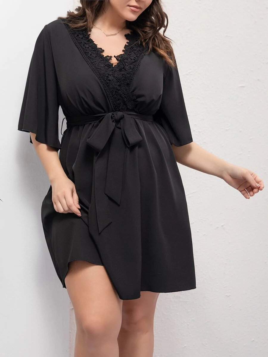 SHEIN LUNE Plus Guipure Lace Panel Solid Belted Dress - Black - View 1