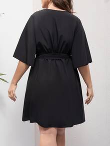 SHEIN LUNE Plus Guipure Lace Panel Solid Belted Dress - Black - View 2