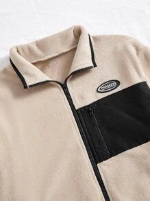 SHEIN EZwear Patched Detail Drop Shoulder Contrast Panel Jacket & Joggers - Apricot - View 5