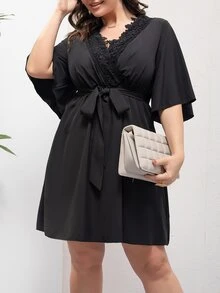 SHEIN LUNE Plus Guipure Lace Panel Solid Belted Dress - Black - View 3