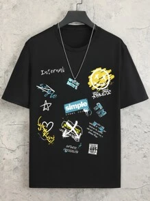 Manfinity 男士卡通和字母圖案T恤 - 黑色 - 查看 1