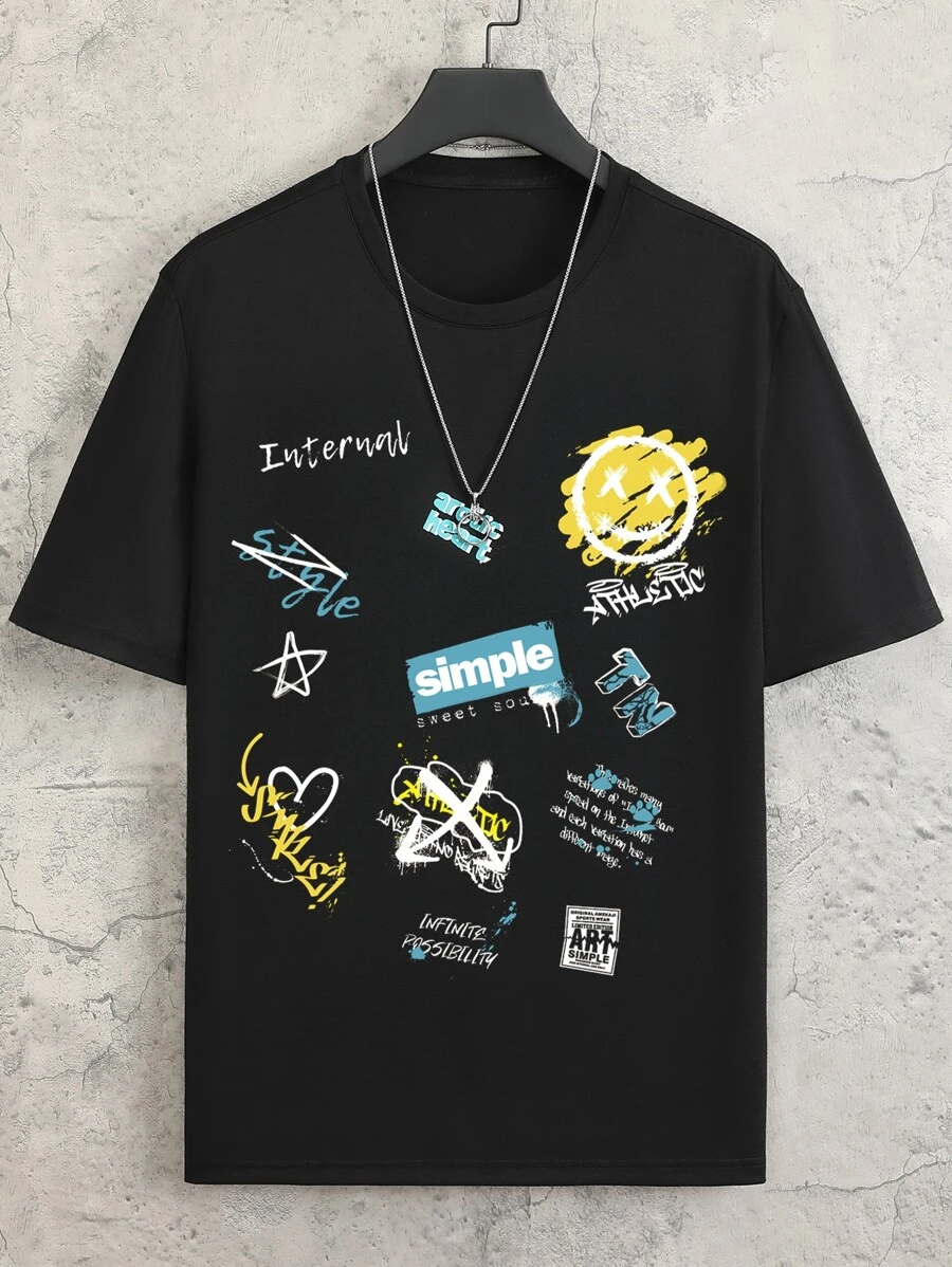 Manfinity 男士卡通和字母圖案T恤 - 黑色 - 查看 1