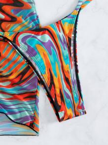 Marble Print Drawstring Detail Halter Triangle Summer Beach Bikini Set With Beach Skirt - Multicolor - View 5