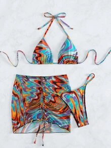 Marble Print Drawstring Detail Halter Triangle Summer Beach Bikini Set With Beach Skirt - Multicolor - View 1