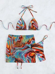Marble Print Drawstring Detail Halter Triangle Summer Beach Bikini Set With Beach Skirt - Multicolor - View 2