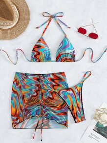 Marble Print Drawstring Detail Halter Triangle Summer Beach Bikini Set With Beach Skirt - Multicolor - View 6