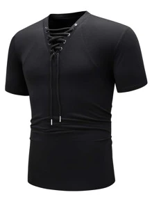 Manfinity Homme Men Lace Up Front Tee - Black - View 1