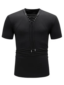 Manfinity Homme Men Lace Up Front Tee - Black - View 6