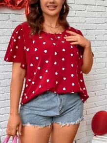 SHEIN LUNE Plus Heart Print Butterfly Sleeve Blouse - Burgundy - View 1
