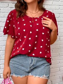 SHEIN LUNE Plus Heart Print Butterfly Sleeve Blouse - Burgundy - View 3