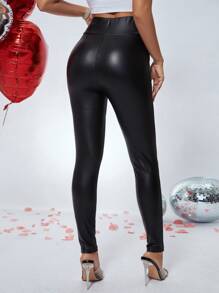 SHEIN Privé Solid Wideband Waist PU Leggings - Black - View 2