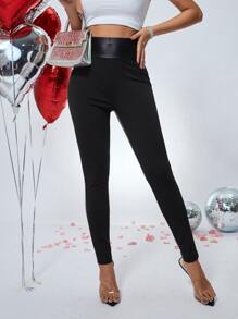 SHEIN Privé Solid Wideband Waist PU Leggings - Black - View 6