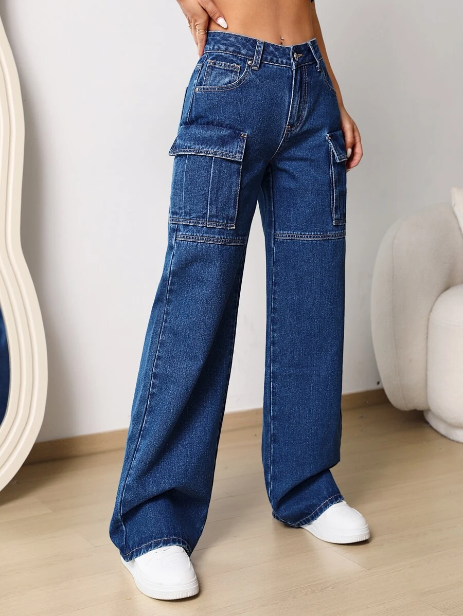 Zipper Fly Flap Pocket Wide Leg Jeans - Dark Wash - View 1