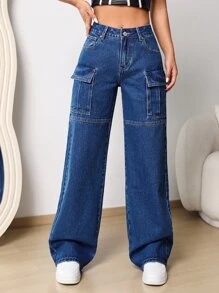 Zipper Fly Flap Pocket Wide Leg Jeans - Dark Wash - View 4