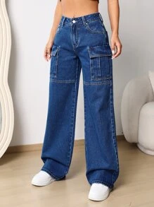 Zipper Fly Flap Pocket Wide Leg Jeans - Dark Wash - View 5