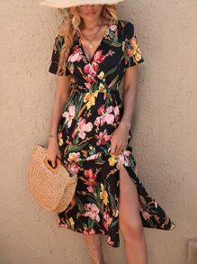 SHEIN VCAY Floral Print Split Thigh Dress - Black - View 1