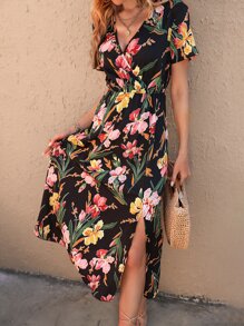 SHEIN VCAY Floral Print Split Thigh Dress - Black - View 3