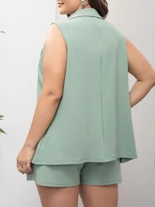 SHEIN LUNE Plus Lapel Neck Vest Blazer & Shorts - Mint Green - View 2
