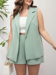 SHEIN LUNE Plus Lapel Neck Vest Blazer & Shorts - Mint Green - View 6