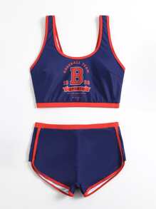Letter Graphic Contrast Binding Summer Beach Bikini Set - Blue - View 3