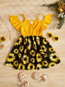 SHEIN 小女童向日葵圖案荷葉邊洋裝