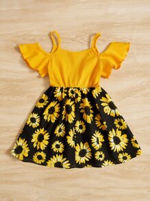 SHEIN 小女童向日葵圖案荷葉邊洋裝