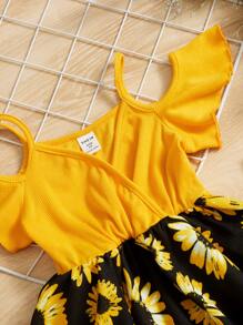 SHEIN 小女童向日葵圖案荷葉邊洋裝