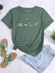 SHEIN LUNE Áo thun nữ Hoạt hình Khủng long Giải trí - Màu xanh lá cây đậm - Xem 1