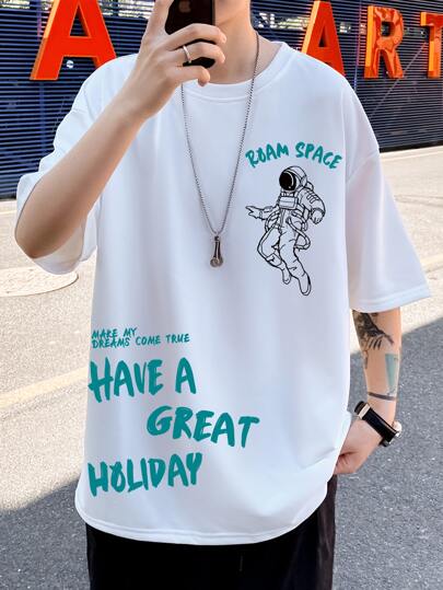 تي شيرت منخفض الاكتاف شعار و طباعة رائد فضاء للرجال