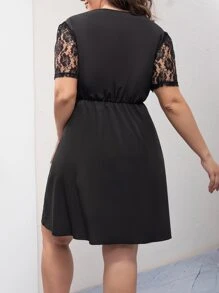 SHEIN LUNE Plus Contrast Lace A-line Dress - Black - View 2