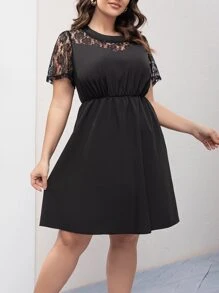 SHEIN LUNE Plus Contrast Lace A-line Dress - Black - View 5