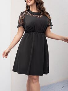 SHEIN LUNE Plus Contrast Lace A-line Dress - Black - View 6