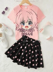 SHEIN 女孩人像圖案T恤和波點圖案腰帶半身裙 - 彩色 - 查看 1