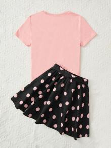 SHEIN 女孩人像圖案T恤和波點圖案腰帶半身裙 - 彩色 - 查看 2