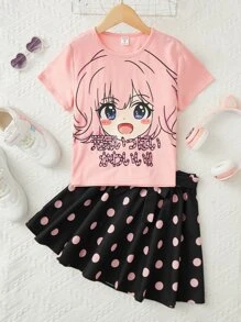 SHEIN 女孩人像圖案T恤和波點圖案腰帶半身裙 - 彩色 - 查看 3