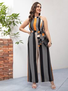 SHEIN LUNE Plus Striped & Geo Print Belted Halter Jumpsuit - Multicolor - View 5