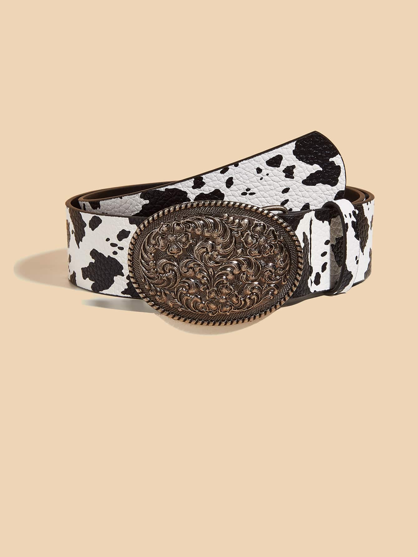 Cow Pattern Oval Buckle Belt - Black and White - View 1