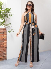 SHEIN LUNE Plus Striped & Geo Print Belted Halter Jumpsuit - Multicolor - View 6