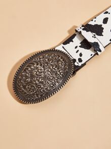 Cow Pattern Oval Buckle Belt - Black and White - View 4