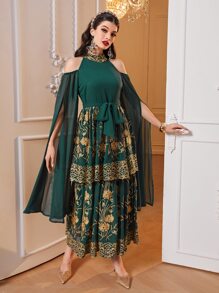 Al Najma 印花挖肩繫腰帶洋裝 - 墨綠色 - 查看 3