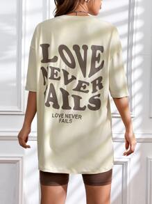 SHEIN Unity Letter Graphic Drop Shoulder Tee & Cycling Shorts - Khaki - View 3