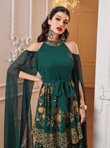 Al Najma 印花挖肩繫腰帶洋裝 - 墨綠色 - 查看 4