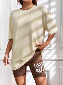 SHEIN Unity Letter Graphic Drop Shoulder Tee & Cycling Shorts - Khaki - View 2