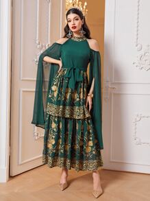 Al Najma 印花挖肩繫腰帶洋裝 - 墨綠色 - 查看 5