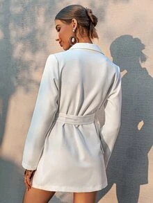 Simplee Lapel Neck Flap Detail Belted Blazer - White - View 2