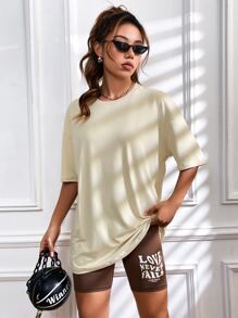 SHEIN Unity Letter Graphic Drop Shoulder Tee & Cycling Shorts - Khaki - View 4
