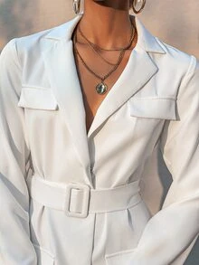 Simplee Lapel Neck Flap Detail Belted Blazer - White - View 3