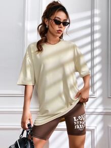 SHEIN Unity Letter Graphic Drop Shoulder Tee & Cycling Shorts - Khaki - View 5