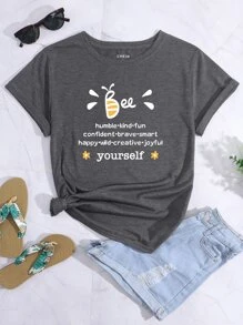 SHEIN LUNE Bee And Slogan Graphic Tee - Dark Grey - View 1