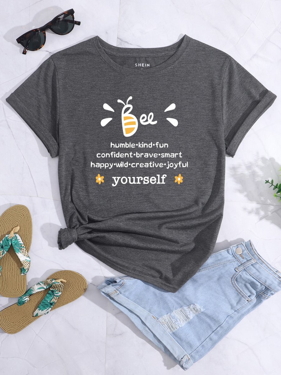 SHEIN LUNE Bee And Slogan Graphic Tee - Dark Grey - View 1